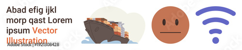 Shipping and logistics, network connectivity, emotional expressions, transportation, global trade, technology. Cargo ship, neutral face emotion wireless icon in a modern layout. Shipping and network