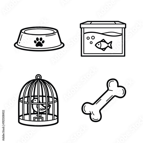 Charming minimalist black and white outline icons featuring pet essentials food bowl with paw print, fish tank with aquatic life, birdcage with avian, and dog bone.