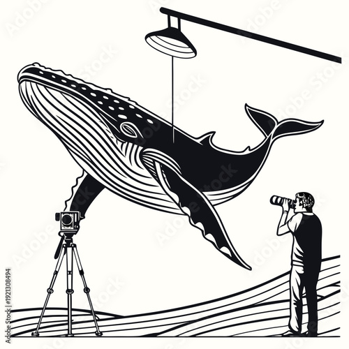 Photographer capturing a large whale suspended in a studio setting.