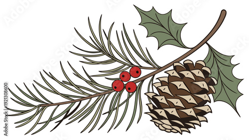 Pine Branch with Cone and Berries.
