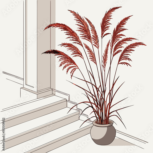 Potted ornamental grass with red plumes next to outdoor steps.