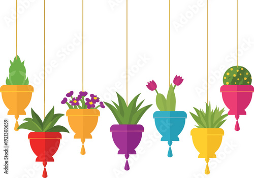 A vibrant collection of stylized hanging planters showcasing various colorful potted greenery including succulents blooming flowers and decorative cacti against a clean white background