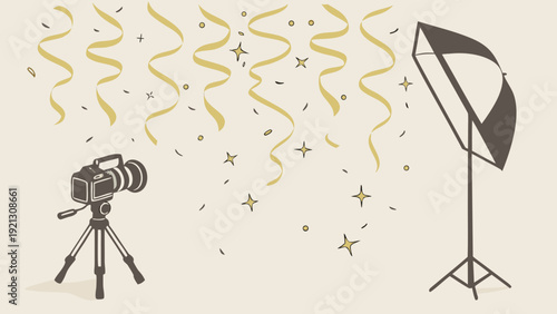 Professional photography setup with camera tripod softbox and festive confetti for a celebration.