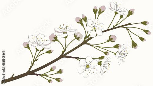 Delicate white cherry blossoms and buds on branches against a pristine white background.