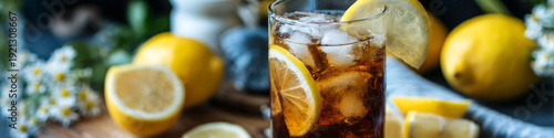 Refreshing Iced Tea with Lemon and Daisies on Rustic Table