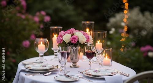 Romantic Outdoor Dinner Table Setting with Candles and Pink Roses
