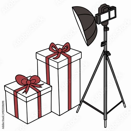 Professional photography setup with softbox and gift boxes studio lighting equipment for festive product shoots.