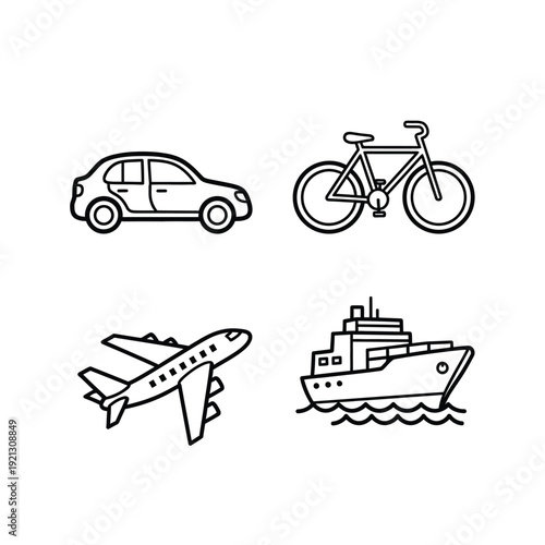 Line art icons of various transportation modes including car, bicycle, airplane, and ship in a minimalist style on a white background, representing different travel options and logistics.