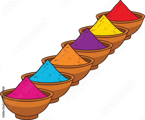 A row of six traditional terracotta bowls filled with vibrant colored powder pigments perfectly arranged for a celebration like holi or rangoli art creation