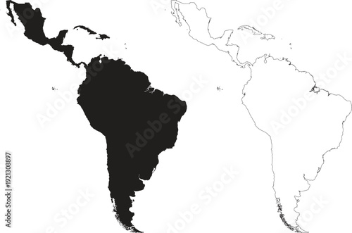 Professional black silhouette and outline vector map of Latin America for educational geography and infographics