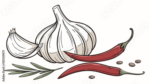 Garlic chili peppers and rosemary sprig with peppercorns.