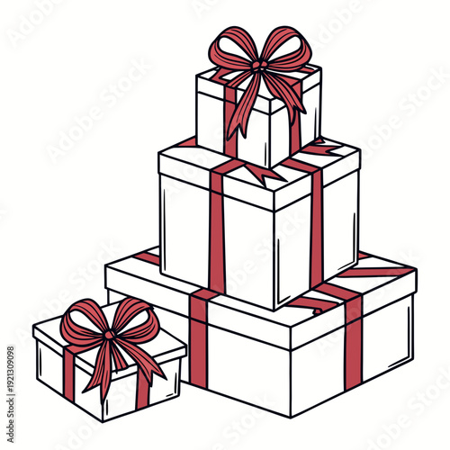 Stacked Gift Boxes with Red Ribbons and Bows.