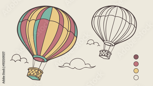 Hot air balloons flying in the sky with clouds.
