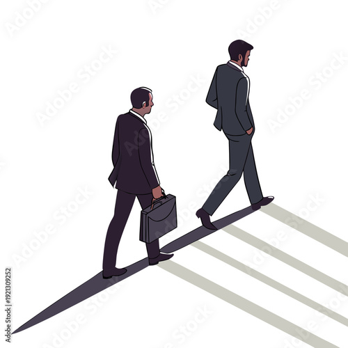 Two businessmen walking in opposite directions casting long shadows symbolizing different paths or divergence in business strategy.