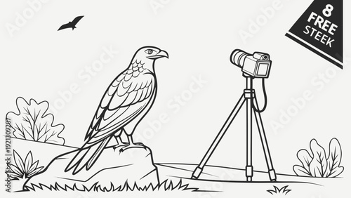 Majestic Eagle Perched on Rock with Camera Setup for Wildlife Photography.