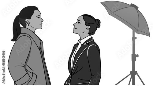 Two women looking up at an umbrella.