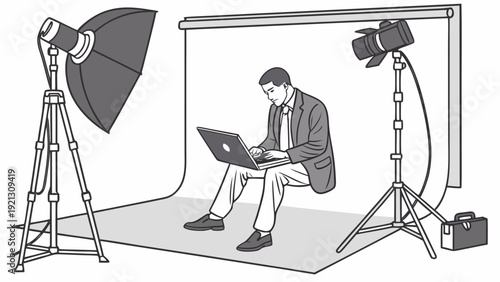 Man working on laptop in a professional photo studio setup.