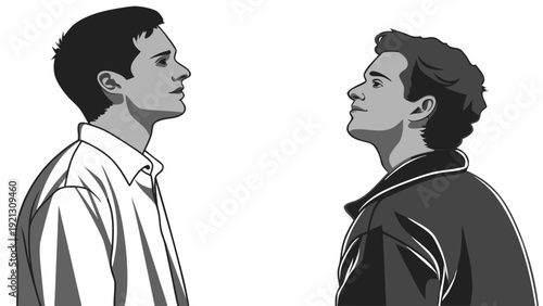 Two young men looking up with thoughtful expressions black and white illustration.