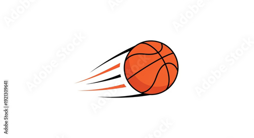 Basketball in motion speeding through air with dynamic streaks orange and black lines on white background