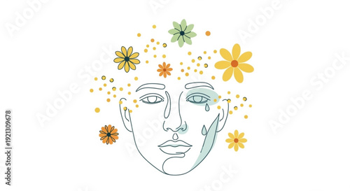 Woman's face with flowers and a tear representing emotional turmoil and inner struggle with colorful floral elements
