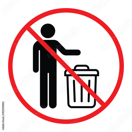 No littering prohibition sign showing a person throwing trash into a bin crossed by a red circle and diagonal line. Simple black pictogram on light background, ideal for public notice, hygiene and saf