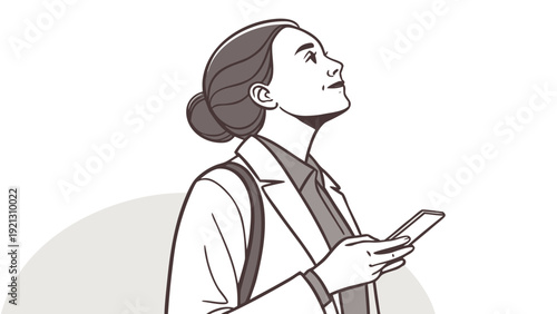 Woman looking up with phone in hand thoughtful expression.