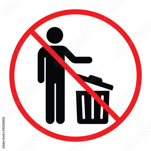 No littering prohibition sign showing a person throwing trash into a bin crossed by a red circle and diagonal line. Simple black pictogram on light background, ideal for public notice, hygiene and saf