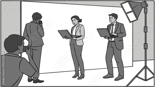 Professional photo shoot of business people working with laptops in a studio setting.