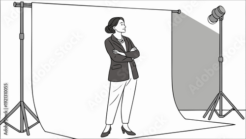 Woman Posing in a Professional Photo Studio with Lighting Setup.