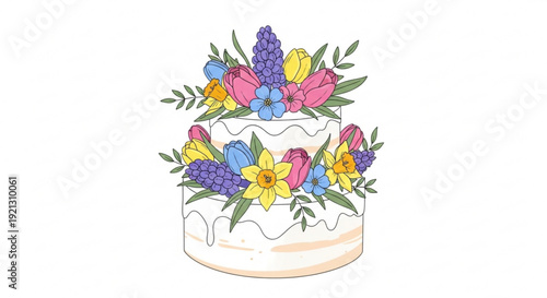 Beautiful white wedding cake with colorful flowers and leaves on top and around perfect for celebration