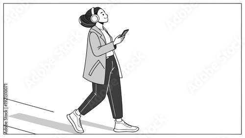 Woman walking with headphones and phone.
