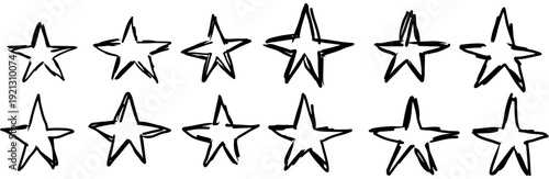 Set hand drawn star shape vector for playful child designs. Ideal for symbolizing sketchy night skies, dreamy concepts, and casual creative success.