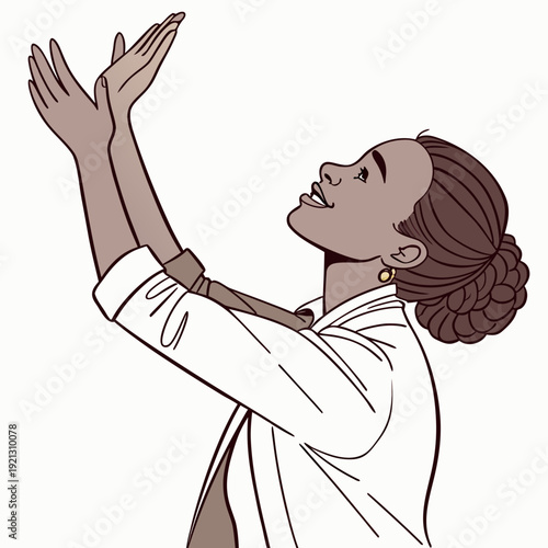 Woman with arms raised in prayer or worship.