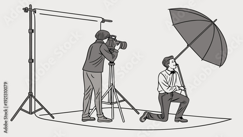Professional photographer capturing a subject with an umbrella in a studio setting.