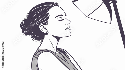 Woman with eyes closed in front of a softbox black and white illustration.