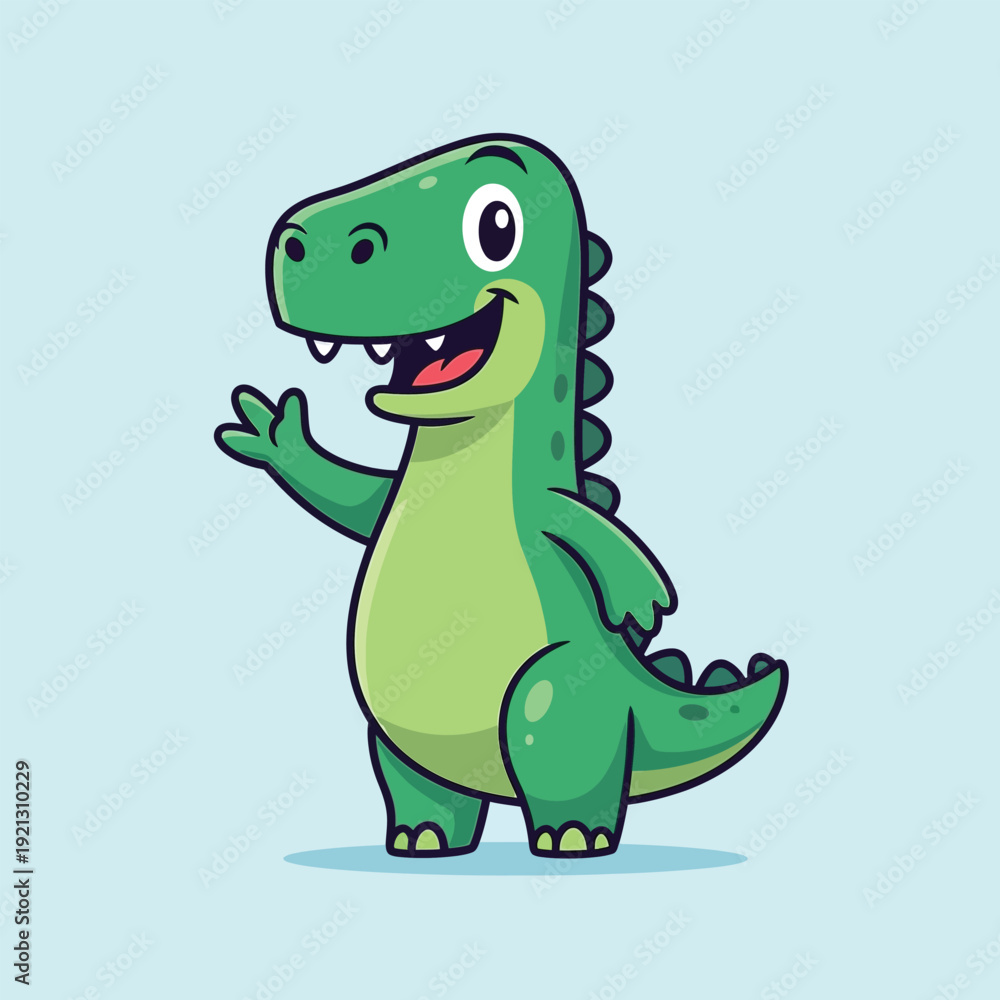 Obraz premium Friendly cartoon dinosaur waving hand in joyful greeting, illustrated in a playful simple flat style, standing on a light blue background, perfect for kids' content and nursery decor