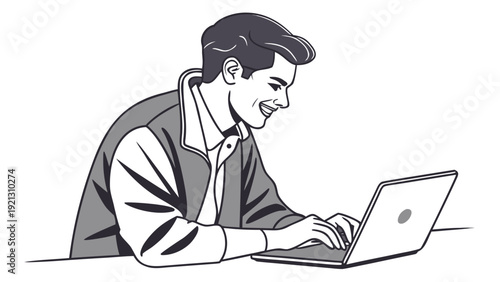 Smiling Man Engaged in Laptop Work.