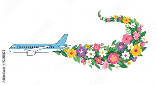 Airplane flying through colorful floral trail symbolizing eco friendly travel and sustainable tourism with vibrant flowers