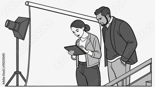 Two people reviewing a tablet on a film set.