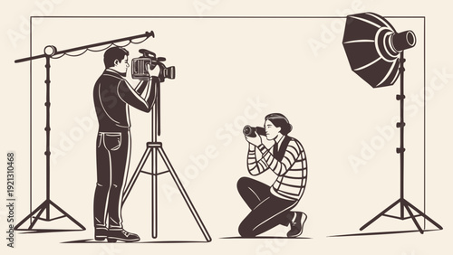 Two photographers capturing images in a professional studio setting with lighting equipment.