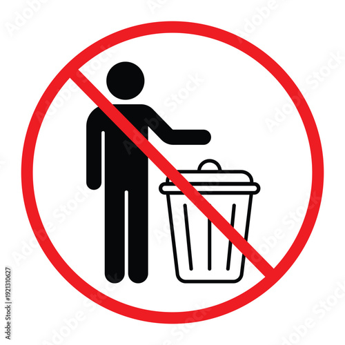 No littering prohibition sign showing a person throwing trash into a bin crossed by a red circle and diagonal line. Simple black pictogram on light background, ideal for public notice, hygiene and saf
