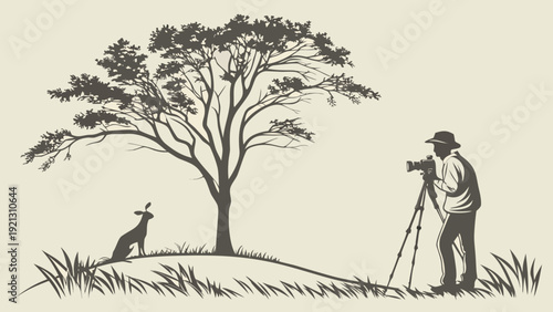 Wildlife photographer capturing a deer under a tree in a natural landscape.