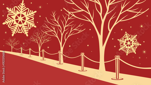 Winter wonderland scene with snow trees and snowflakes on a red background.