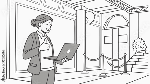 Woman giving thumbs up while holding laptop in a building.