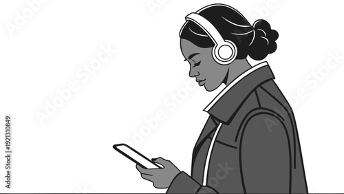 Young Woman Engaged with Smartphone and Headphones.