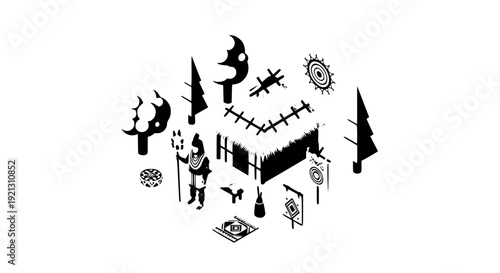Native Inhabitant Isometric Vector Banner Traditional Village Concept for Web Postcards