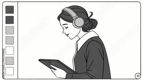 Young woman with headphones using a tablet focused and engaged in digital content.