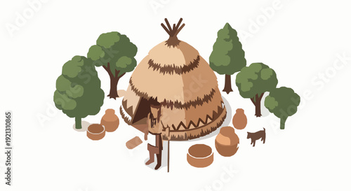 Native Inhabitant Isometric Banner Vector Illustration Traditional Culture Web Postcard