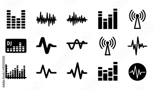 Audio Equalizer Silhouette Icon Set Sound Wave Radio Signal Vector Collection Transparent Background