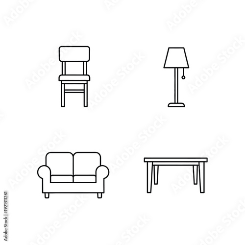 Set of minimalist line art furniture icons including a chair, lamp, sofa, and coffee table, perfect for interior design and home decor concepts, simple and modern aesthetic